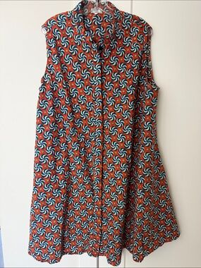 ZURI Button Down Sleeveless Dress Made In Kenya Pinwheel Orange Blue Color 2X